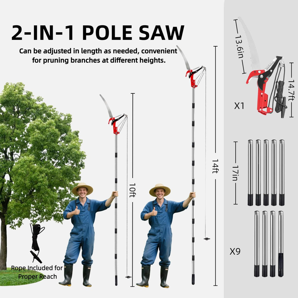 Pole Saws for Tree Trimming - 14FT Dual-Pulley Tree Pruner, Tree Trimmers Long Handle Pruner, Manual Pole Saw for Yard & Garden, Gardening Hand Tools