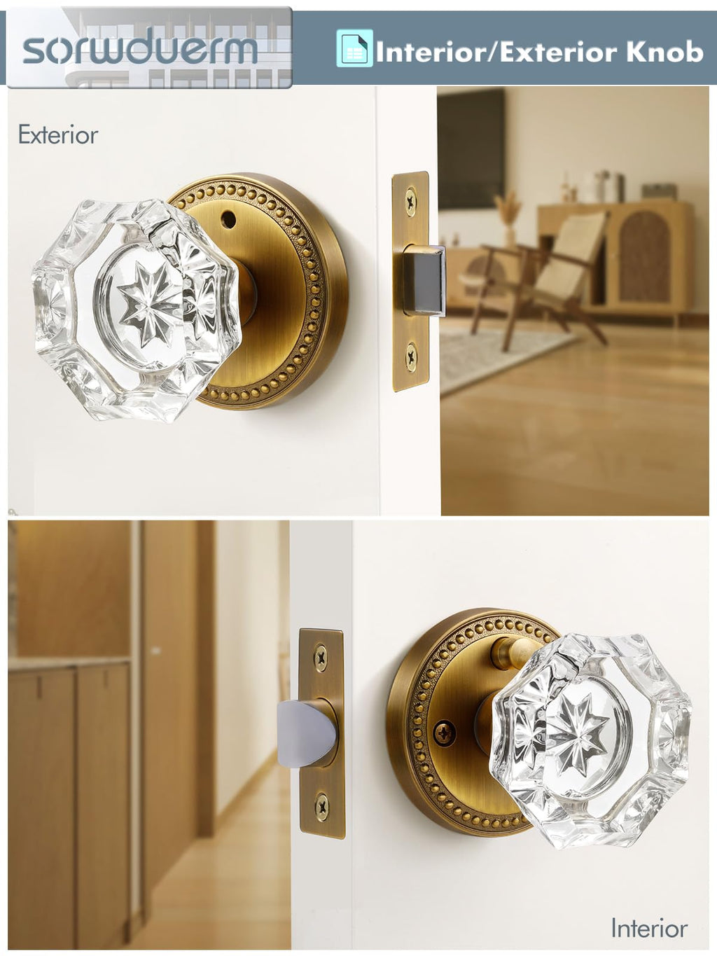 SORWDUERM Antique Brass Door Knobs Crystal Door Knob Interior Privacy Door Knob for Bedroom and Bathroom Glass Door Knob,Zinc Alloy 1 Pack