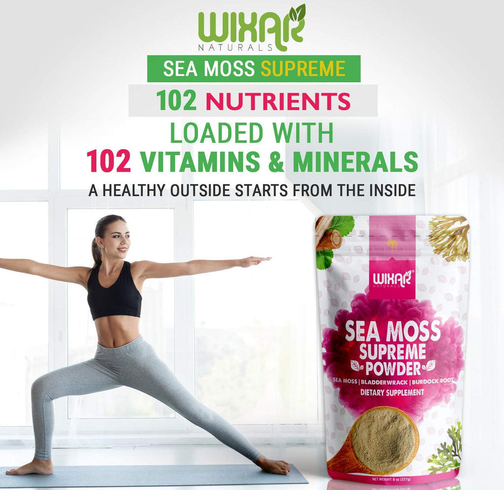 Wixar Wildcrafted Sea Moss Powder – (8 Ounces) – Natural Irish Sea Moss and Bladderwrack with Burdock Powder - Thyroid Support, Healthy Skin, Keto Detox, Joint Support Alkaline Supplements