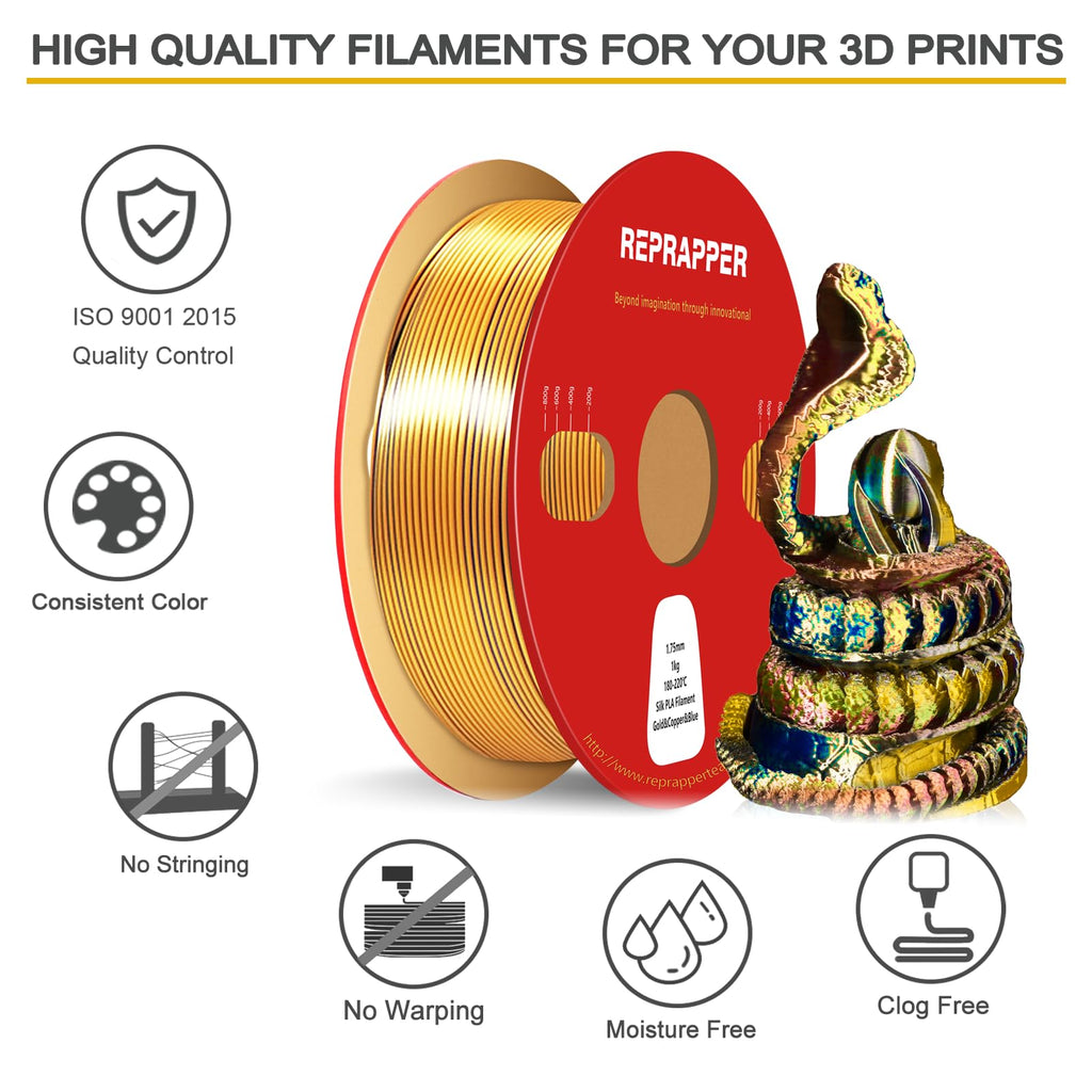 Reprapper Triple Color Filament Dichromatic pla Filament 1.75mm for 3D Printer, Multicolor Like Dual Color Rainbow PLA, 2.2lbs (1kg), Silk PLA Gold/Copper/Blue