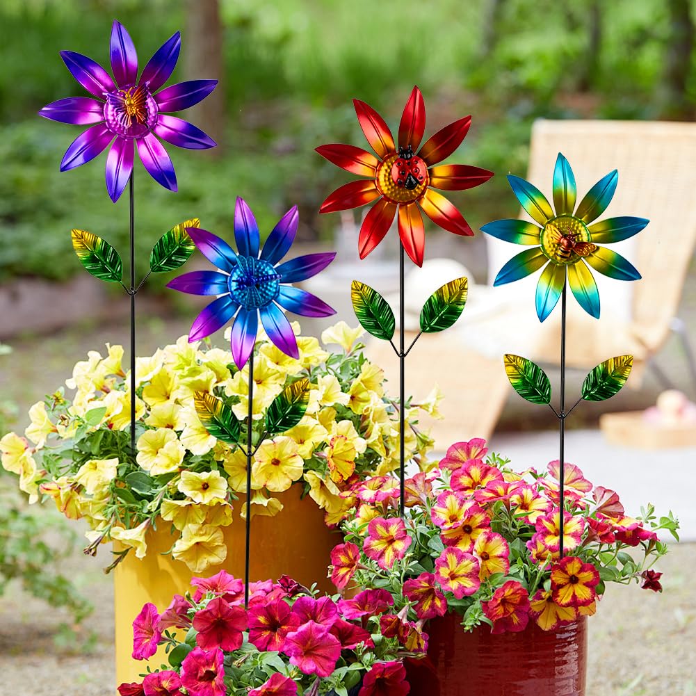 Sunnylight 4 Packs Wind Spinner Outdoor, Pinwheels for Yard and Garden, Metal Flower Decorative Garden Stakes for Lawn Patio Porch Decor