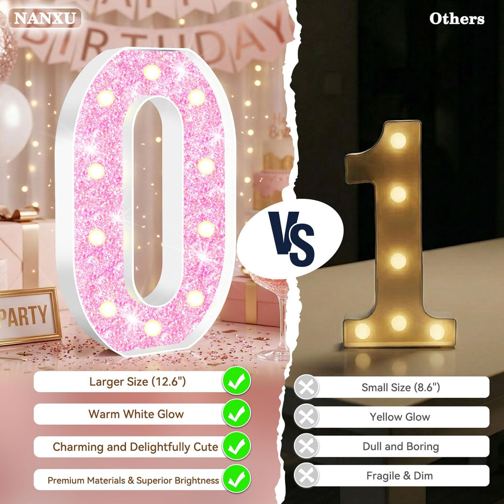 NANXU 12.6 Inch LED Pink Marquee Light Up Numbers, Sweet 70th Birthday Decorations Number Lights as Gifts for Women, Glitter Lighted Marquee Numbers for Pink Anniversary Party Table Decor, 70