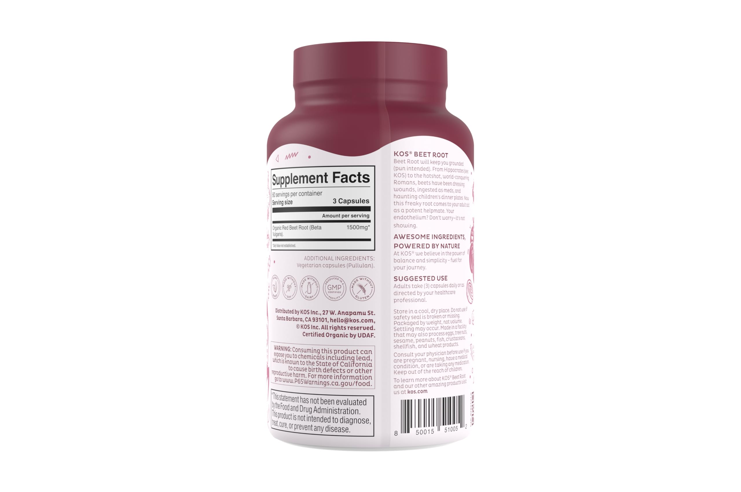 KOS Organic Beetroot Capsules 1500mg - USDA Organic, Antioxidant Power from Organic Beet Root Superfood, Supports Healthy & Active Lifestyle - Non-GMO, Vegan and Keto Friendly - 180 Capsules