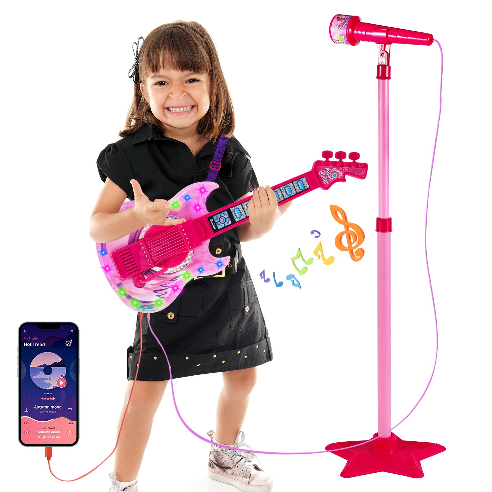 Guitar and Microphone Play Set for Girls,Karaoke Machine with Music&Light,Microphone Toys with Stand,Adjustable Height Guitar Toys for Kids,Toddlers,Child(Red)