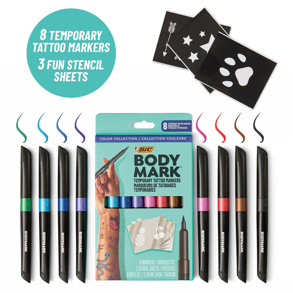 BODYMARK Temporary Tattoo Markers, 8-Count Color Collection, Skin-Safe