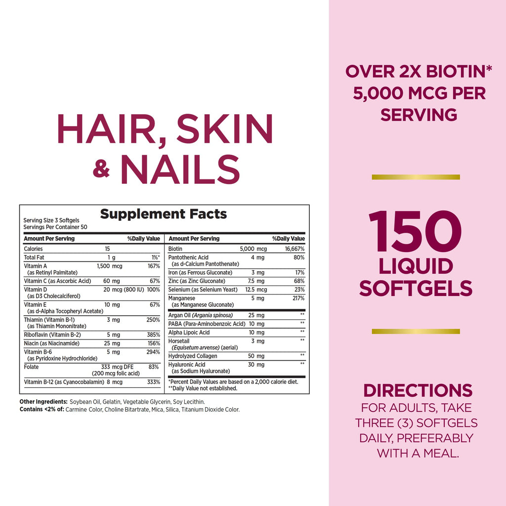 Nature's Bounty Advanced Hair, Skin & Nails, Argan-Infused Vitamin Supplement with Biotin and Hyaluronic Acid, 150 Rapid Release Softgels (Pack of 2)