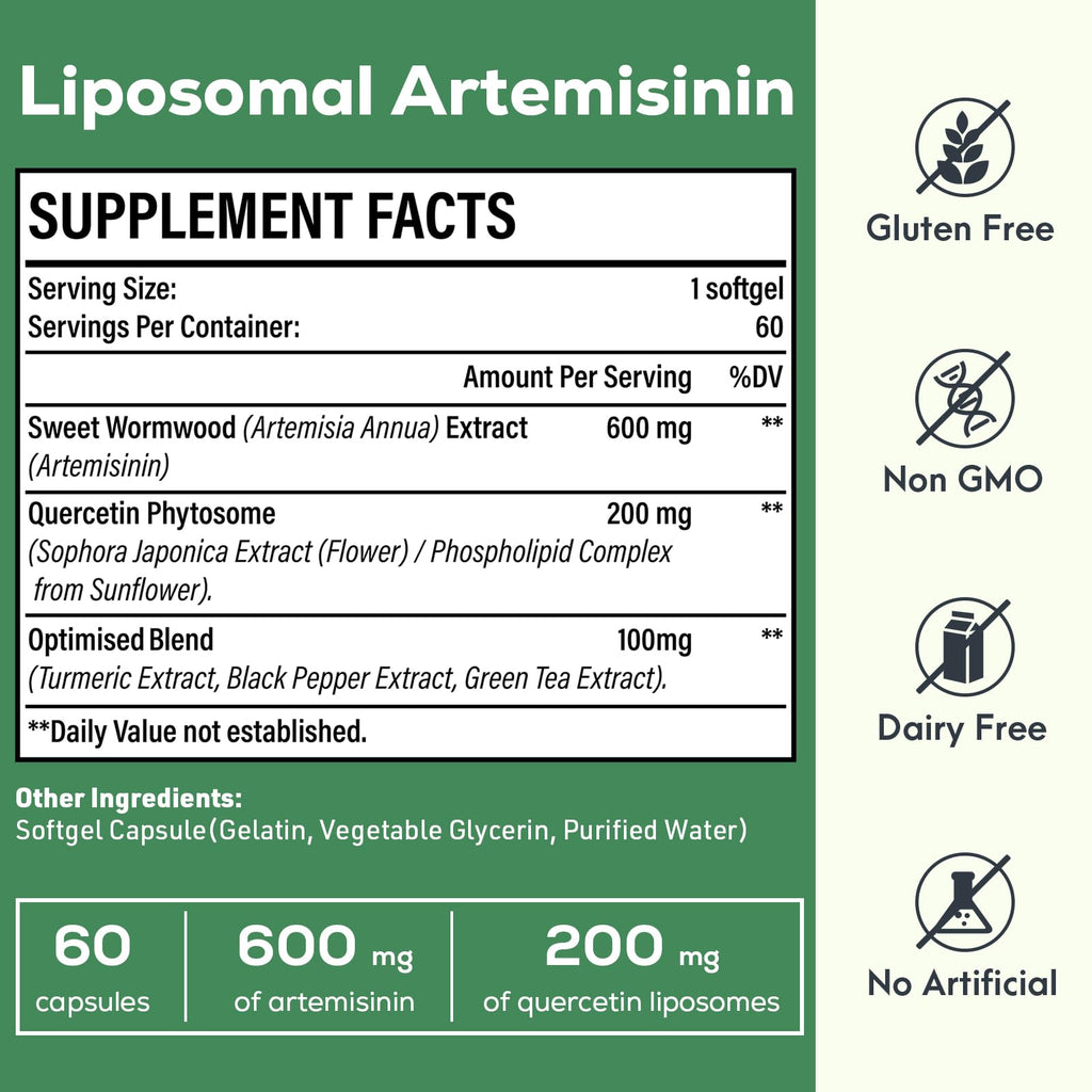 Osasuna 900 mg Liposomal Artemisinin for Maximum Absorption, Sweet Wormwood Extract(Artemisia Annua) with Quercetin Phytosome 200 mg, 60 Softgels - 2 Months Supply