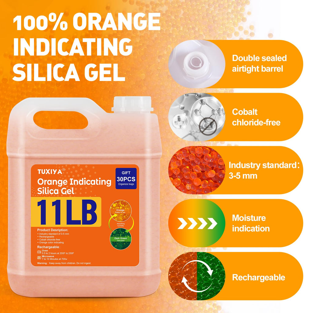 TUXIYA 11 LBS Orange Indicating Silica Gel Desiccant Beads,(Industry Standard 3-5 mm) Rechargeable Silica Gel Beads for 3D Filament, Electronic Devices, Camera, Jewelry, Safe(30PCS Organza Bag)