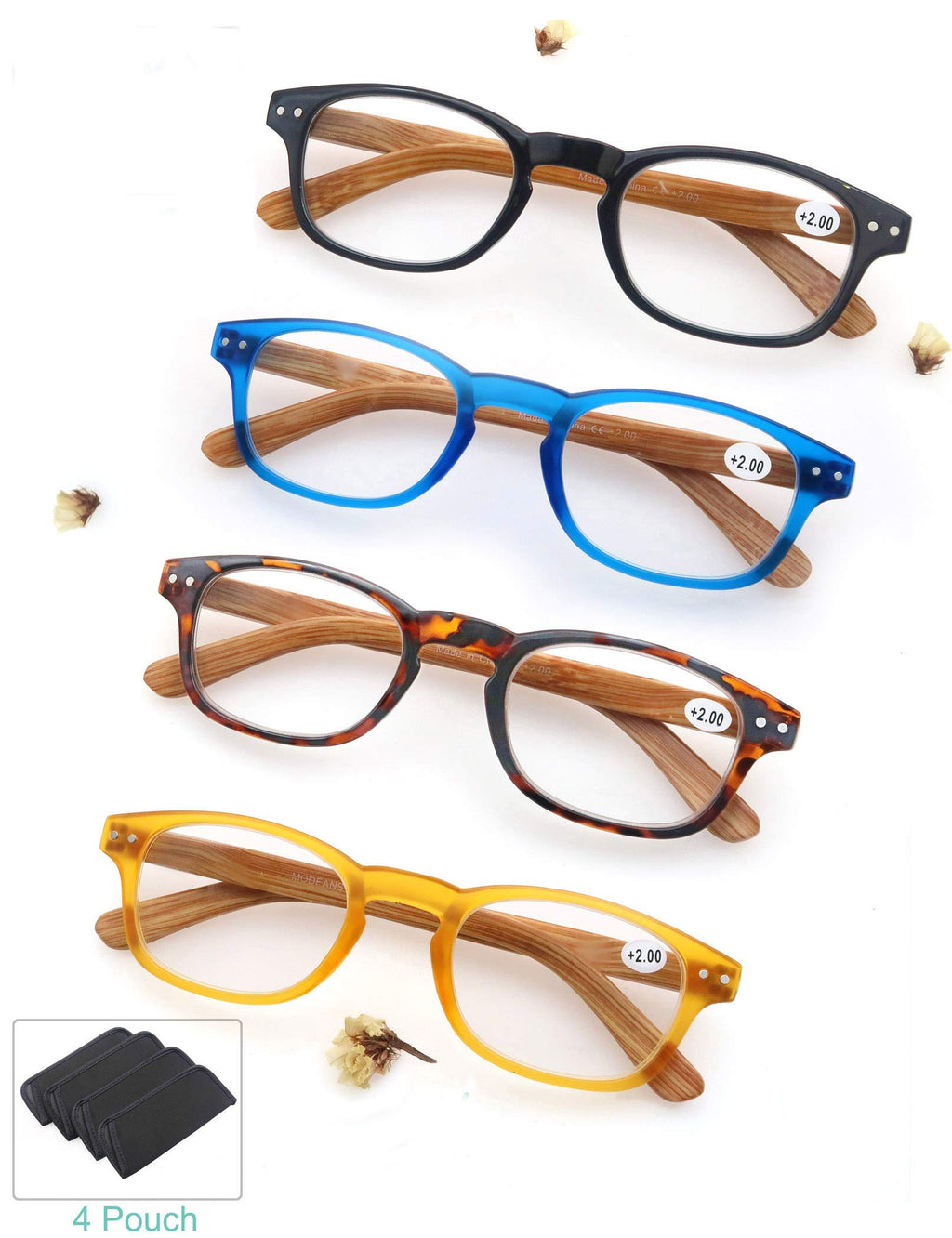 MODFANS 4 Pack Reading Glasses 2.5 Fashion Wood-Look Spring Hinges Stylish Readers Men Women
