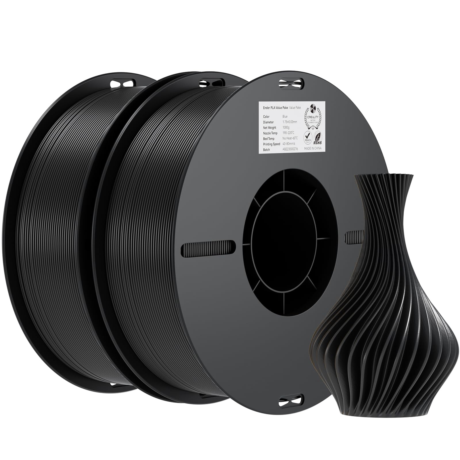 Creality PLA Filament 1.75mm Bundle 2KG, High Precision +/-0.02mm 3D Printer Filament, Consistent Extrusion, Smooth Printing, 2 Pack 1KG Spool,Fits for Most FDM 3D Printers(Black*2)