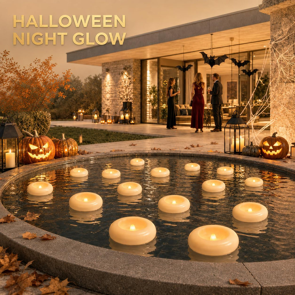 Aignis 24 Pack Waterproof Flameless Floating Candles, 200-Hour Battery Operated 2.2" LED Tea Lights, Water-Activated Flickering Warm White Glow for Halloween, Wedding Centerpieces, Pool