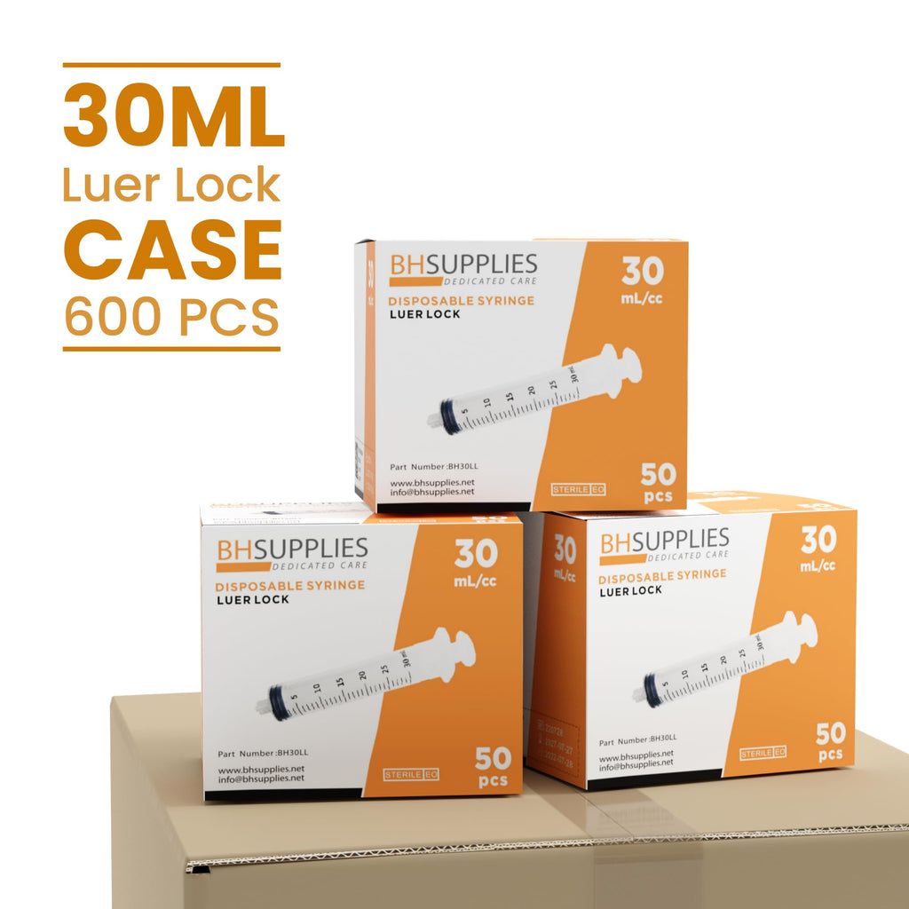 Bulk Case: BH Supplies 30mL Sterile Luer Lock Syringe - Individually Wrapped (600 Syringes, 12 Boxes of 50 Units)
