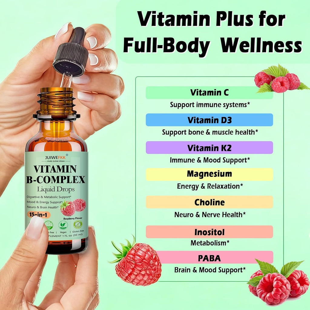 2 Pack Vitamin B Complex Liquid Drops for Women Men & Kids, 15-in-1 VIT B Complex with Vitamin C B12 B6 B1 Niacin Folate Magnesium for Brain Nerve Neuropathy Energy Mood, Sublingual B-Complex Drops