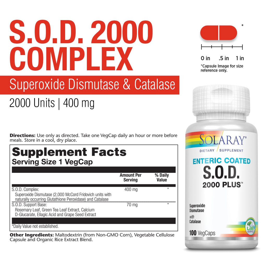 SOLARAY S.O.D. 2000 Plus - Superoxide Dismutase (SOD) and Catalase Antioxidant Supplement, Wellness Support - w/Green Tea Extract, Calcium, Rosemary, Grape Seed Extract, 60-Day Guarantee, 100 Servings