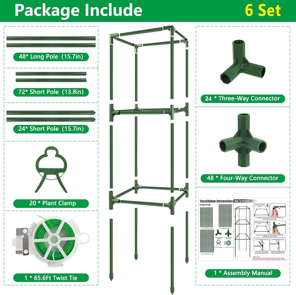 6 Pack 49" Square Tomato Cages, Heavy Duty Steel Tomato Trellis Kit