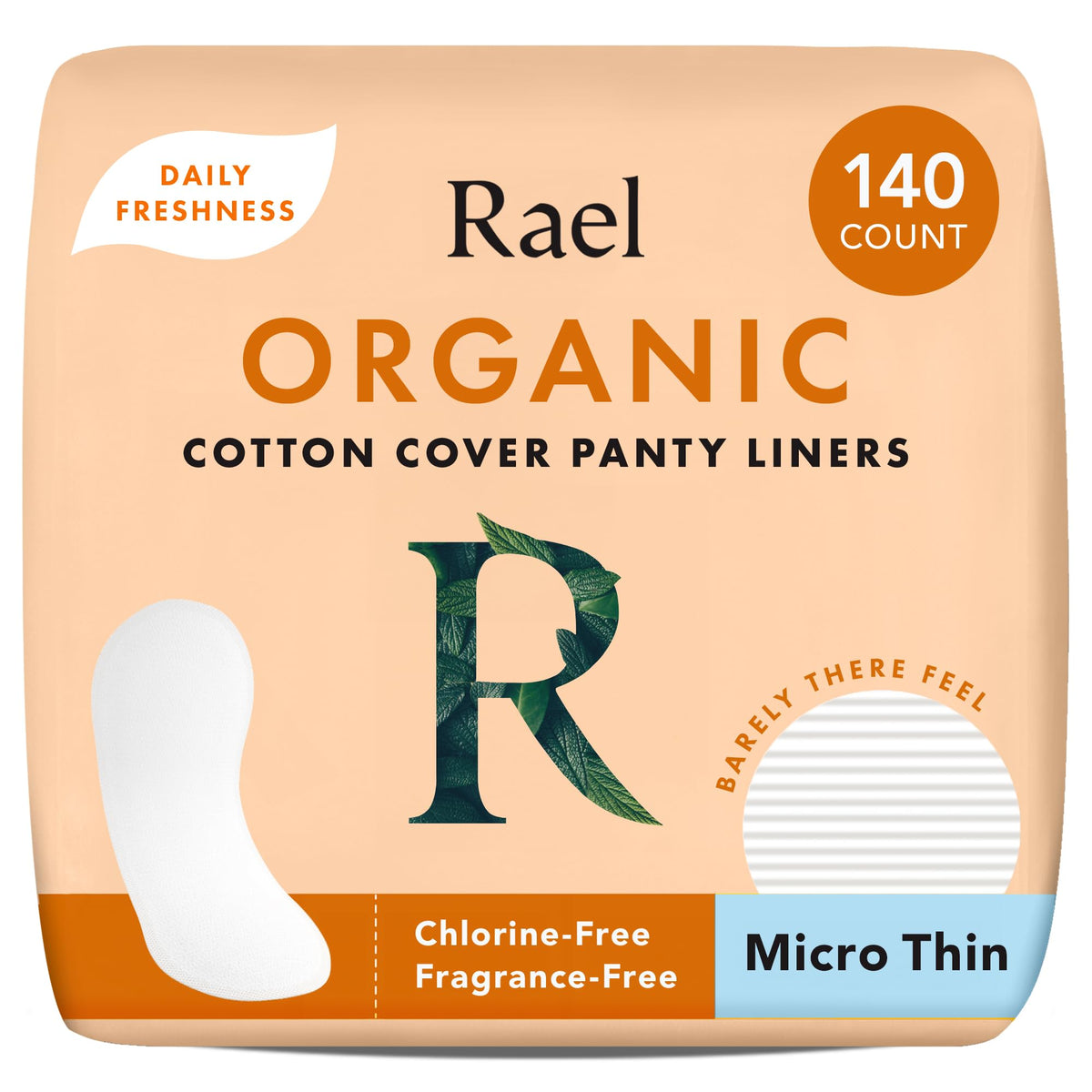 Rael Panty Liners for Women, Organic Cotton Cover (Micro Thin, 140 Count)
