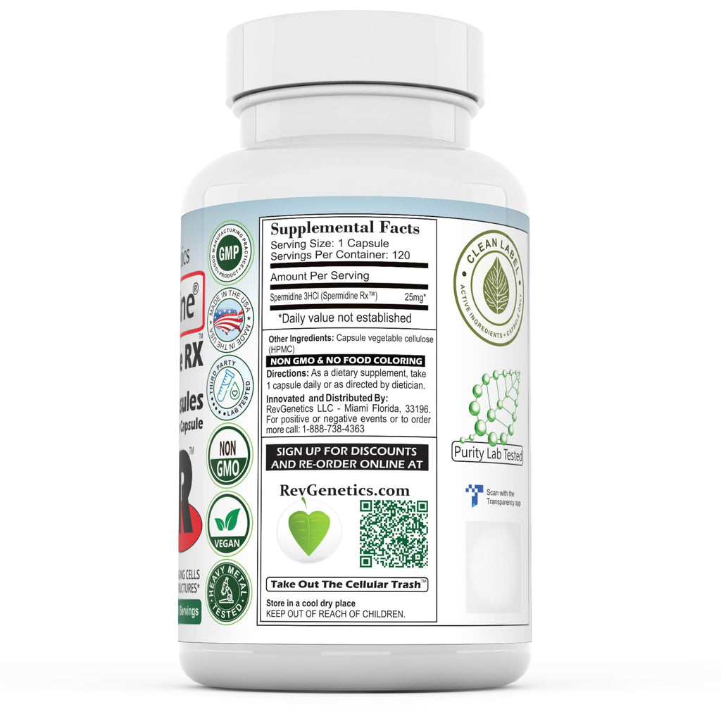 REVGENETICS Spermidine 3000mg Total, 99% Pure, 100x Stronger Than Wheat & Rice Germ, 25mg Spermidine HCl (13.8mg Elemental), Wheat-Free Autophagy Support, 120-Day Supply, Lab Verified