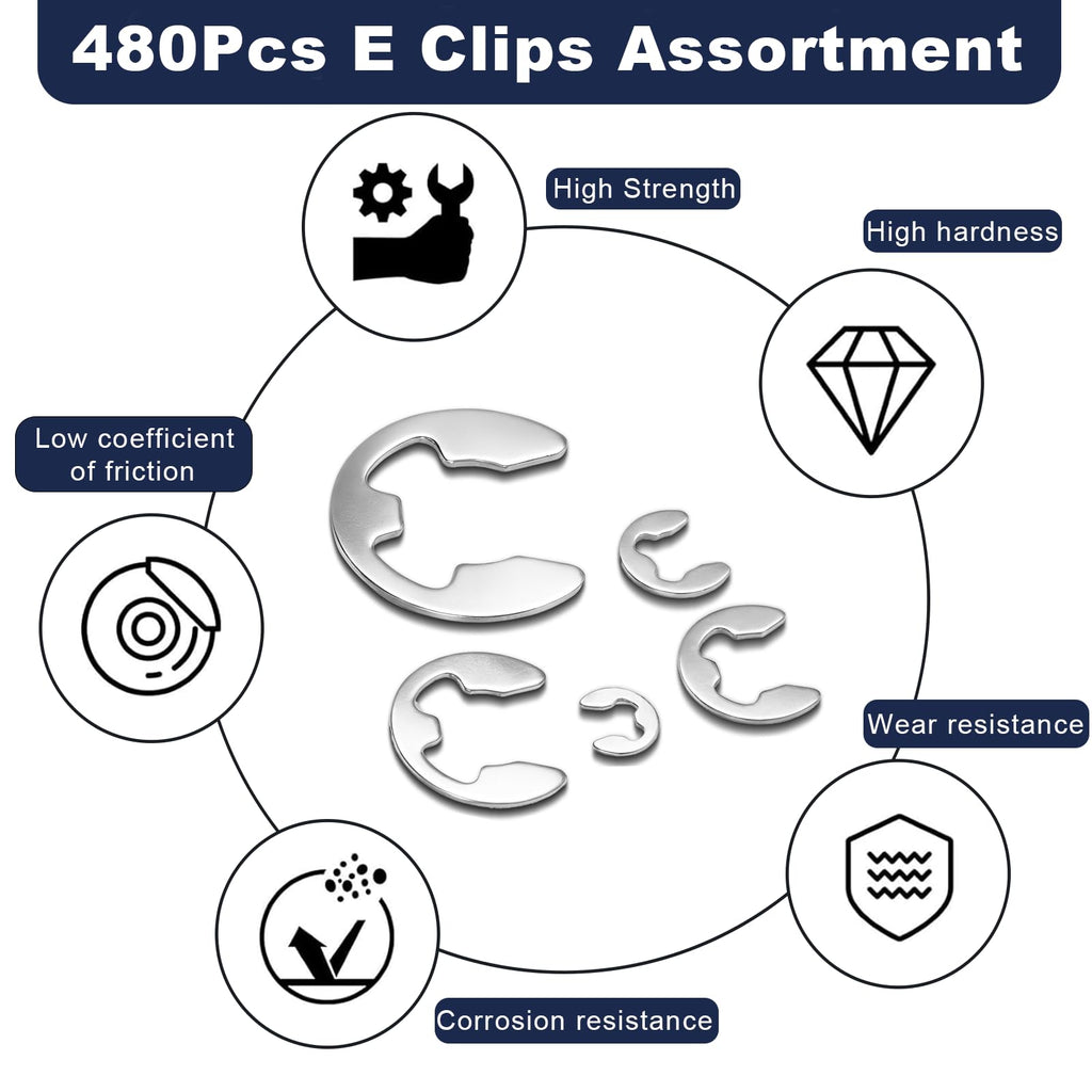 ZQZ E Clips Assortment Kit (M1.5-M15), 480 Pcs External Retaining Rings Set