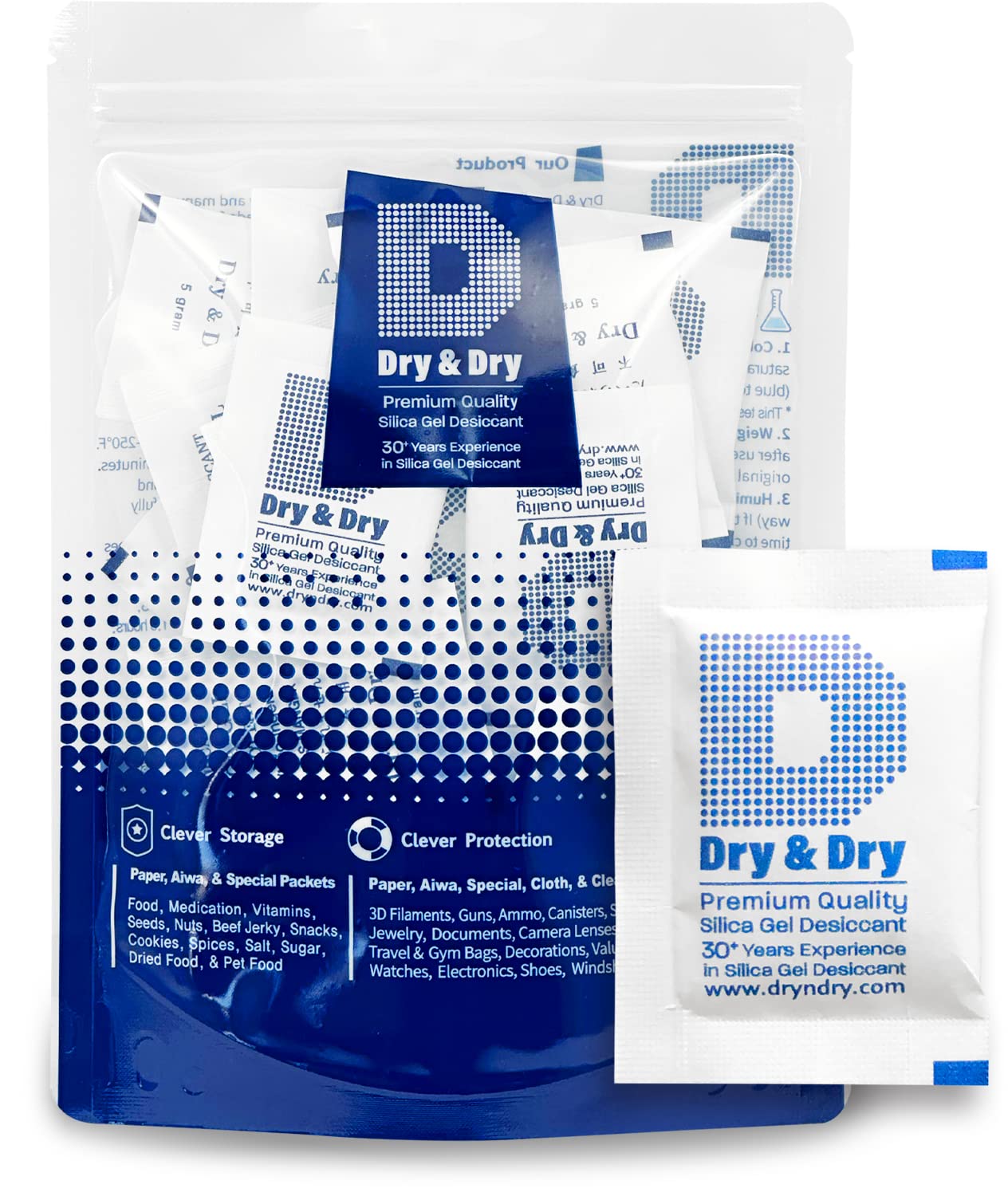 Dry & Dry 5 Gram [30 Packets] Silica Gel Packets Silica Gel Desiccants, Silica Gel Packs - Rechargeable Moisture Absorbers for Food Storage, Electronics, 3D Filament & Safes