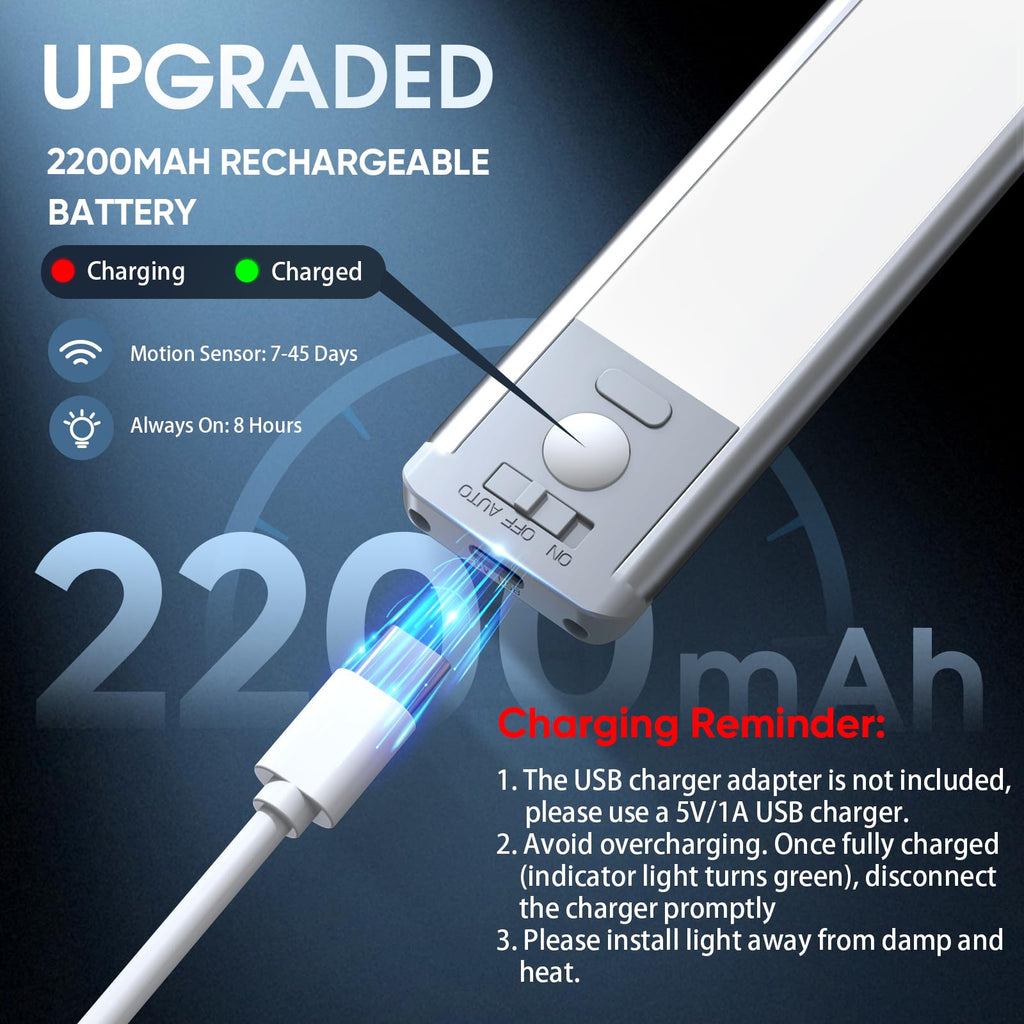 Under Cabinet Lighting, 14.7" Rechargeable Motion Sensor Light Indoor, 2 Pack Magnetic Dimmable Closet Lights, Wireless Under Counter Lights for Kitchen, Stairs,Hallway