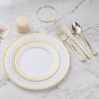 BESTVIP 600PCS Gold Dinnerware Set for 100 Guests, Plastic Plates for Party, 100 Gold Disposable Plates, 100 Dessert Plates, 100 Cups, 100 Spoons, 100 Forks and 100 Knives