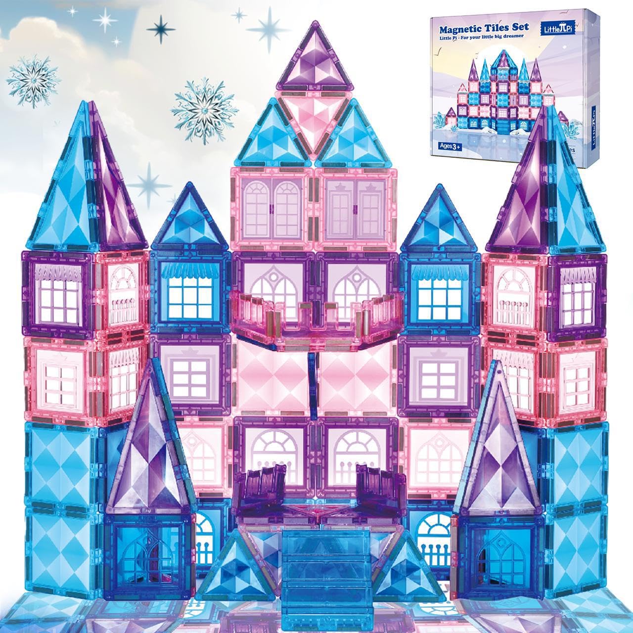 Little Pi 102pcs Frozen Princess Castle Magnetic Tiles Building Blocks - 3D Diamond Blocks, STEM Educational Toddler Toys for Pretend Play, 4 Year Old Girl Birthday Gifts Kids Ages 3 5 6 7 8 - Blue