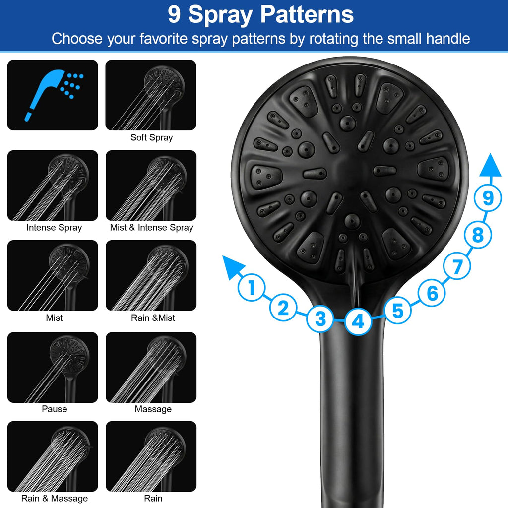 Tudoccy Shower Head, 8‘’ High Pressure Rainfall Shower Head/Handheld Shower Combo with 11'' Extension Arm, 9 Settings Anti-leak Shower Head with Holder, Height/Angle Adjustable, Matte Black
