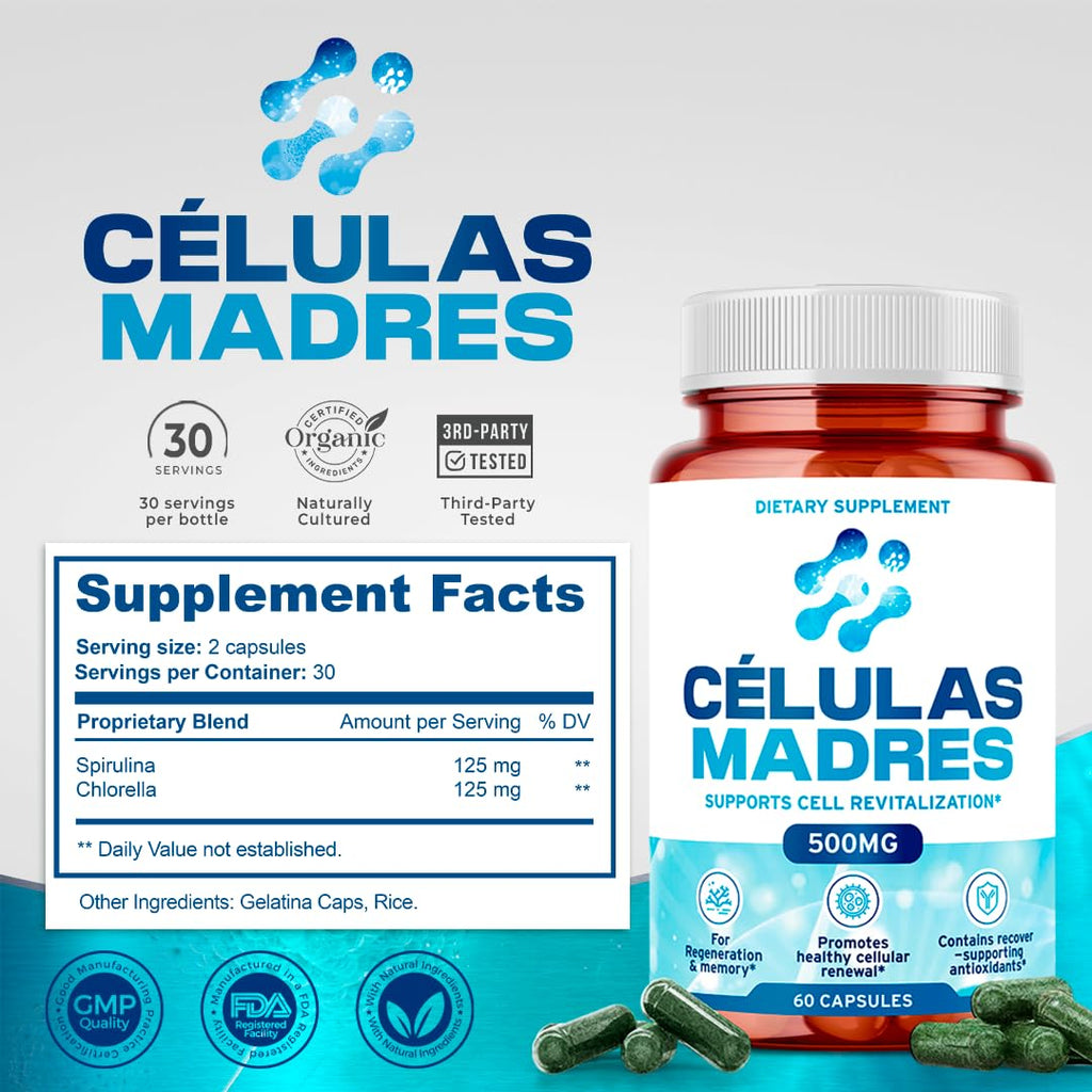 Stem Cell Supplements 500mg (120 Cap) Natural Anti-Aging & Longevity Support with Spirulina & Chlorella, Boost Cellular Renewal, Restore Youthful Energy, Reduce Joint Soreness – Celulas Madre