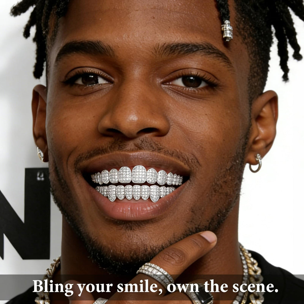 Custom Diamond Grillz for Men - Iced Out Detachable Gold & Silver Teeth Covers - Bling Hip Hop Mouth Jewelry (Silver)