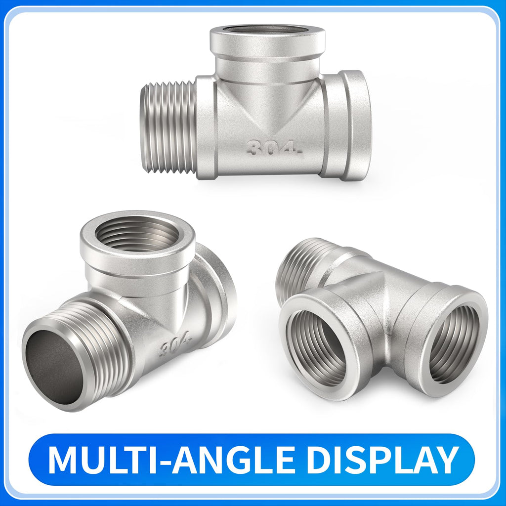 ChillWaves 304 Stainless Steel Pipe Fitting, Male Run Tee 1/2" NPT Female x 1/2" NPT Female x 1/2" NPT Male Thread Adapter(2-PACK)