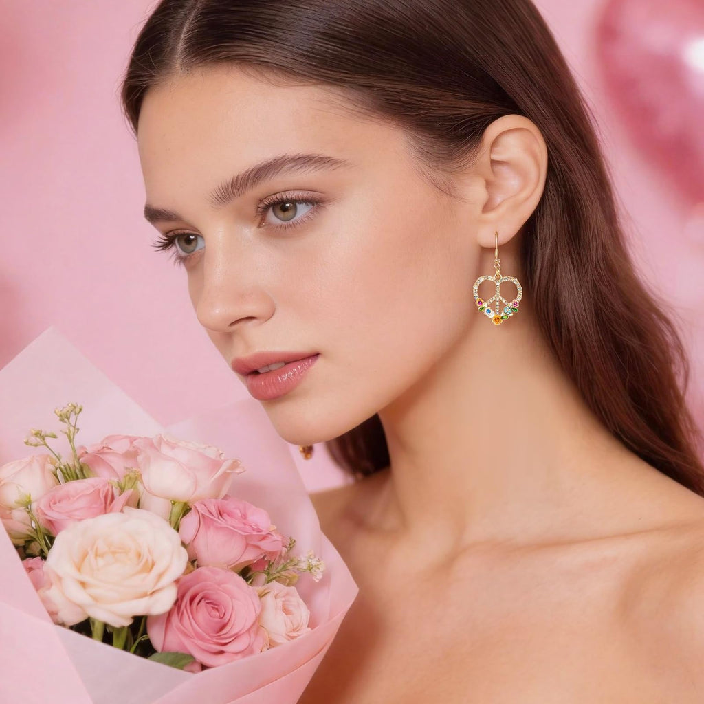 Peace Sign Earrings, 70s Hippie Earrings, Boho Heart Flower Diamond Drop Earrings for Women, Zirconia Love Heart Pendant Dangle Peace Earring, Rose Gold Chain Birthday Valentines Day Jewelry Gifts