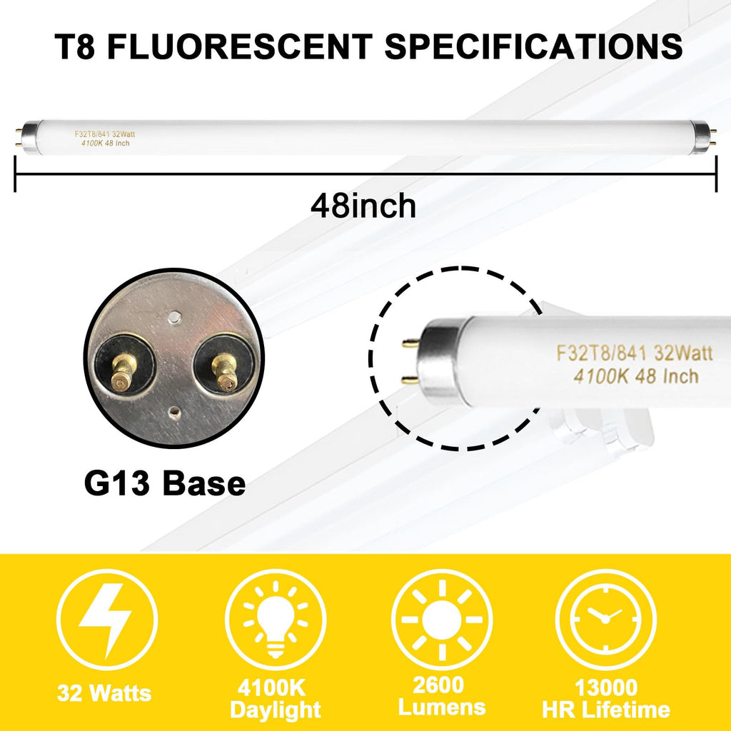 Konideke 25 Pack F32T8/841 Fluorescent Tube 48 Inch, T8 Fluorescent Light Bulb 4 Foot 32 Watt 4100K Cool White 2600 Lumens G13 Base