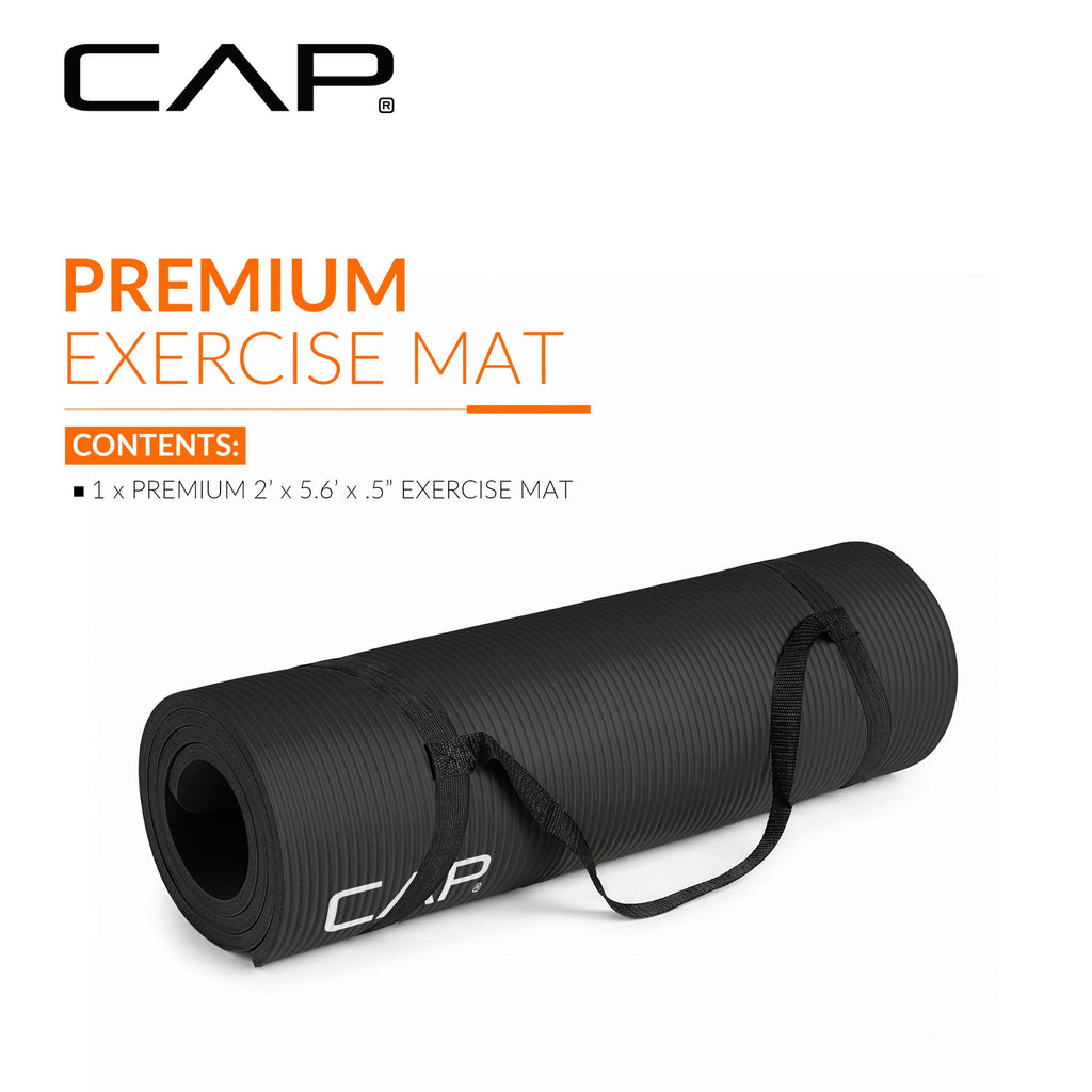 CAP 1/2" Thick Yoga Mat, Exercise & Workout Mat with Strap, Black