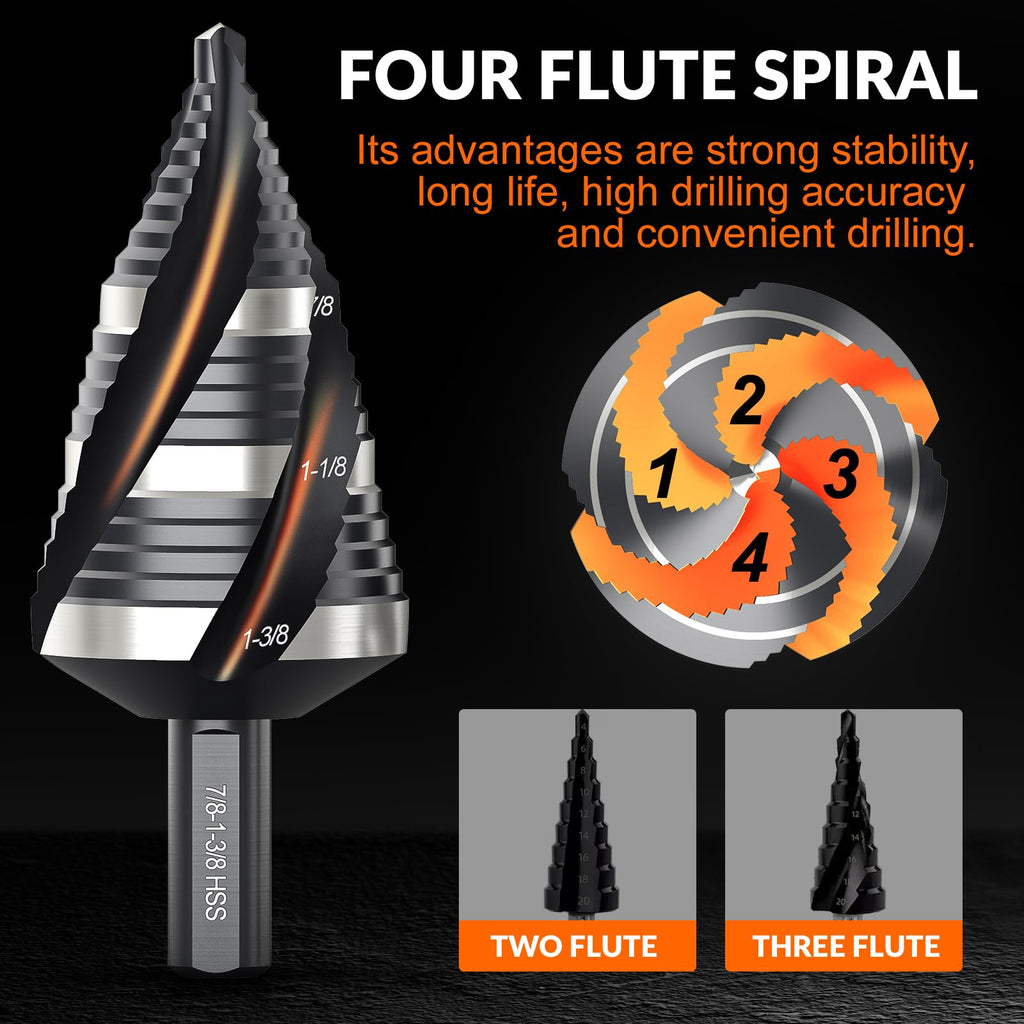THINKWORK 5 Pcs Four Spiral Flute Step Drill Bit Set & 5 Pcs Countersink Drill Bits with Tool Box, Nitriding HSS Drill Bits for Metal, Aluminum, Wood, Plastic