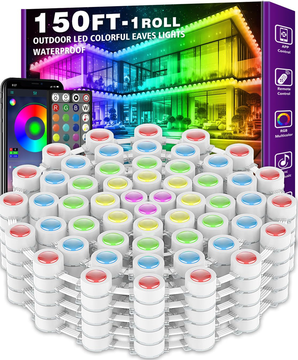 FBZ 150FT Permanent Outdoor RGB Lights - IP67 Waterproof with Smart App Control Remote,DIY Scene Modes, Music Synchronization,Eaves Lights for Garden Decor,Deck,Christmas