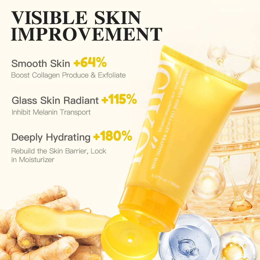 ICIKOL Turmeric Collagen Night Wrapping Mask, Kojic Acid Overnight Peel Off Face Masks with Vitamin C for Refresh Dullness Looking Skin, Hydrating Facial Masks Radiant Women Skin, 5.07 oz Large Size
