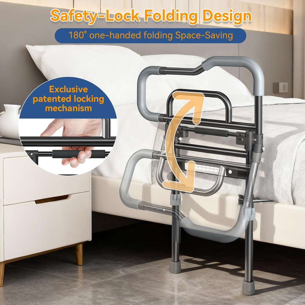 Bed Rails for Elderly Adults Safety, Foldable Bed Assist Rails for Seniors with Sensor Light & Storage Pocket, Adjustable Height, 180° One-Hand Folding Bed Side Rails Fit King Queen Full Twin