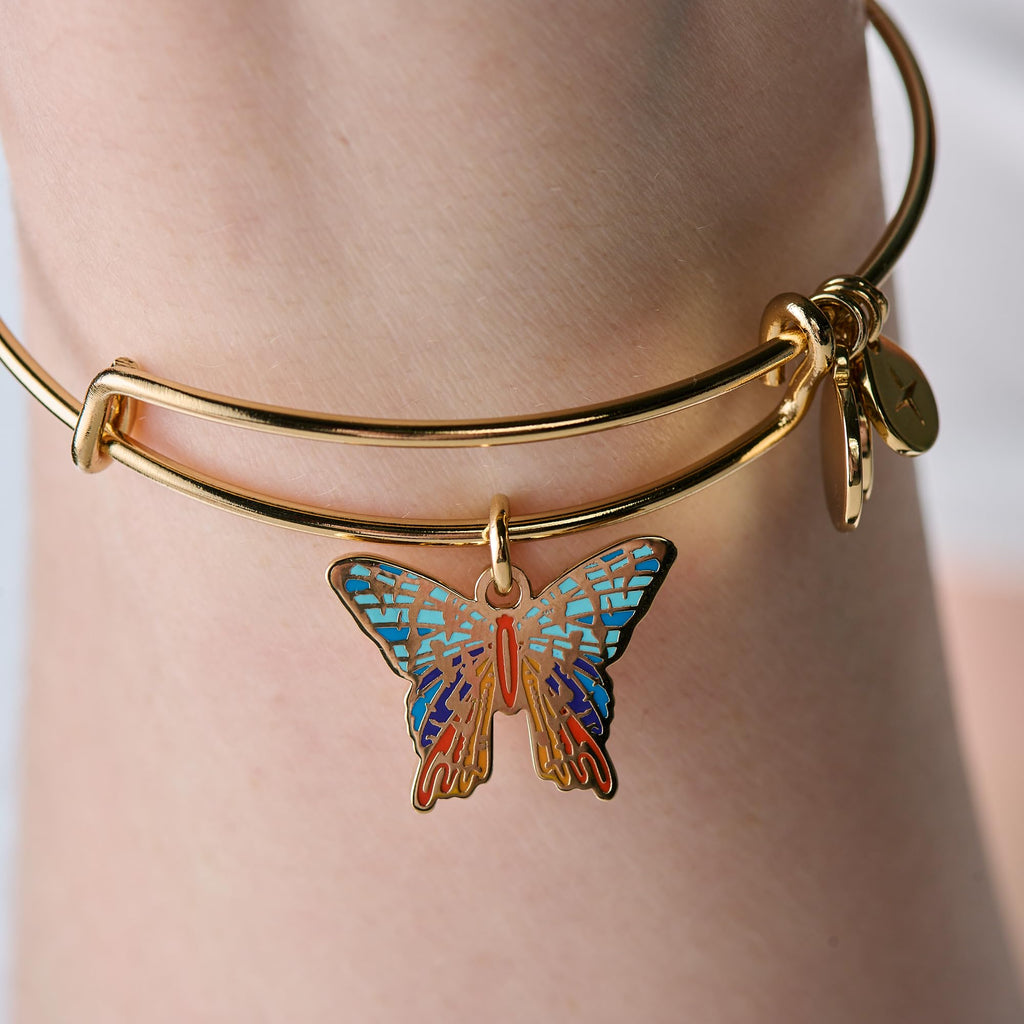 Alex and Ani Chrysiridia Rhipheus Butterfly Charm Bangle - Adjustable Gold Plated Bracelet for Women, Transformative Design with Enamel Charm, Nickel-Free