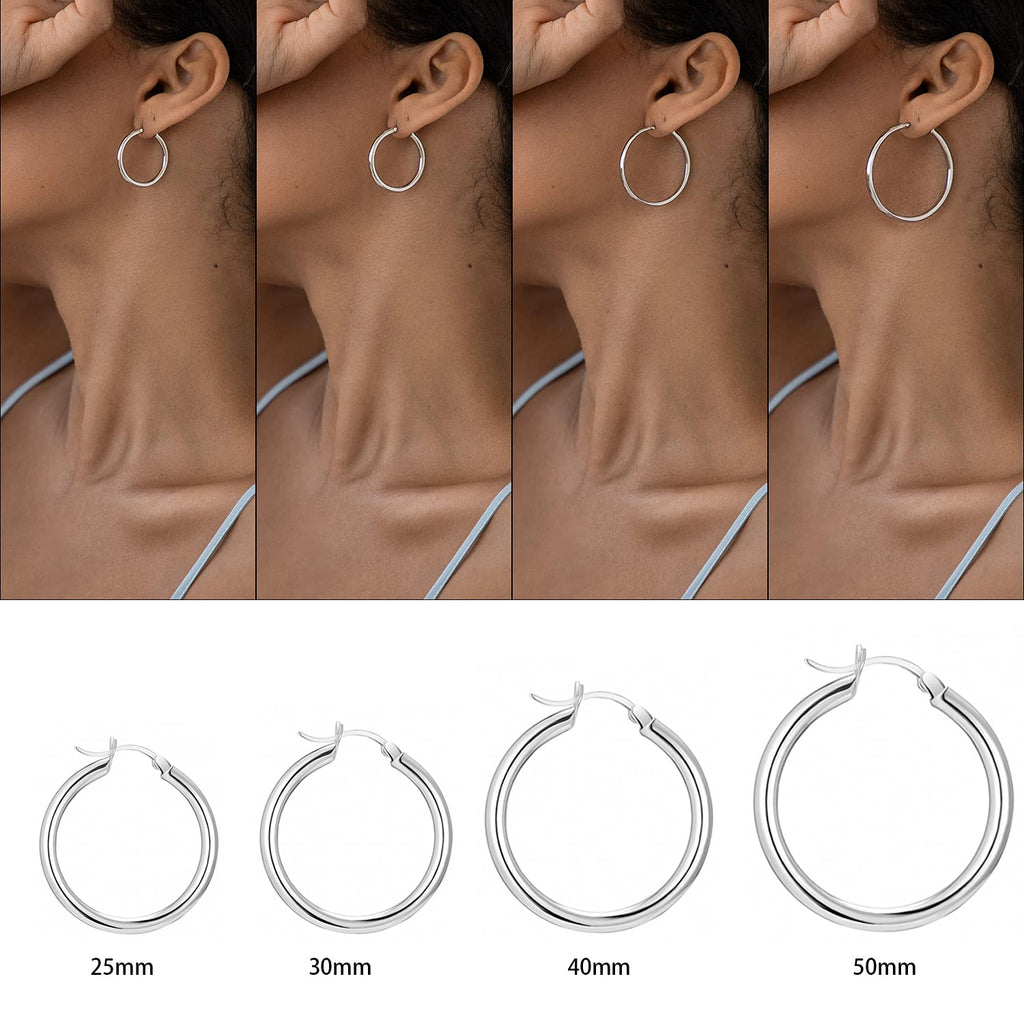 SWEETV Sterling Silver Post Earrings Chunky Hoop Earrings for Women 25MM Polished Huggie Earrings for Sensitive Ears