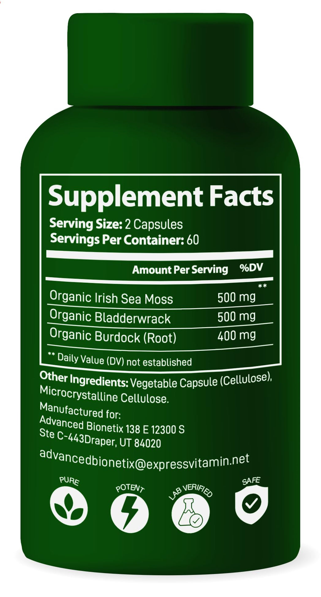Advanced Bionetix Organic Irish Sea Moss Capsules, Raw Wildcrafted Seamoss Enhanced w/Bladderwrack & Burdock Root Capsules 240 Total Pills Antioxidant Packed. Prebiotic Superfood, Thyroid Support