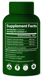 Advanced Bionetix Organic Irish Sea Moss Capsules, Raw Wildcrafted Seamoss Enhanced w/Bladderwrack & Burdock Root Capsules 240 Total Pills Antioxidant Packed. Prebiotic Superfood, Thyroid Support