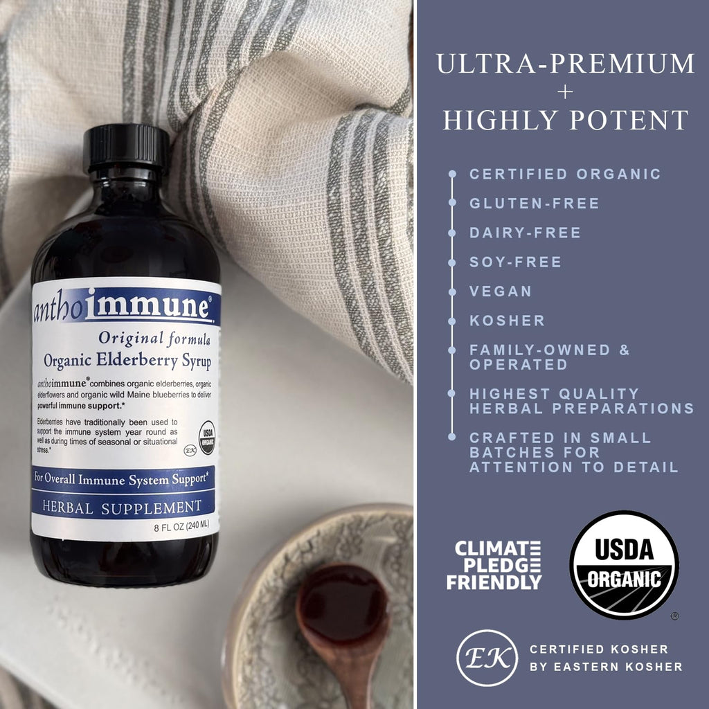 Maine Medicinals Organic Elderberry Syrup - Anthoimmune - Immune Support Supplement for Adults and Kids- USDA Organic, Ultra-Premium Black Elderberry Formula (8 oz) 48 Servings
