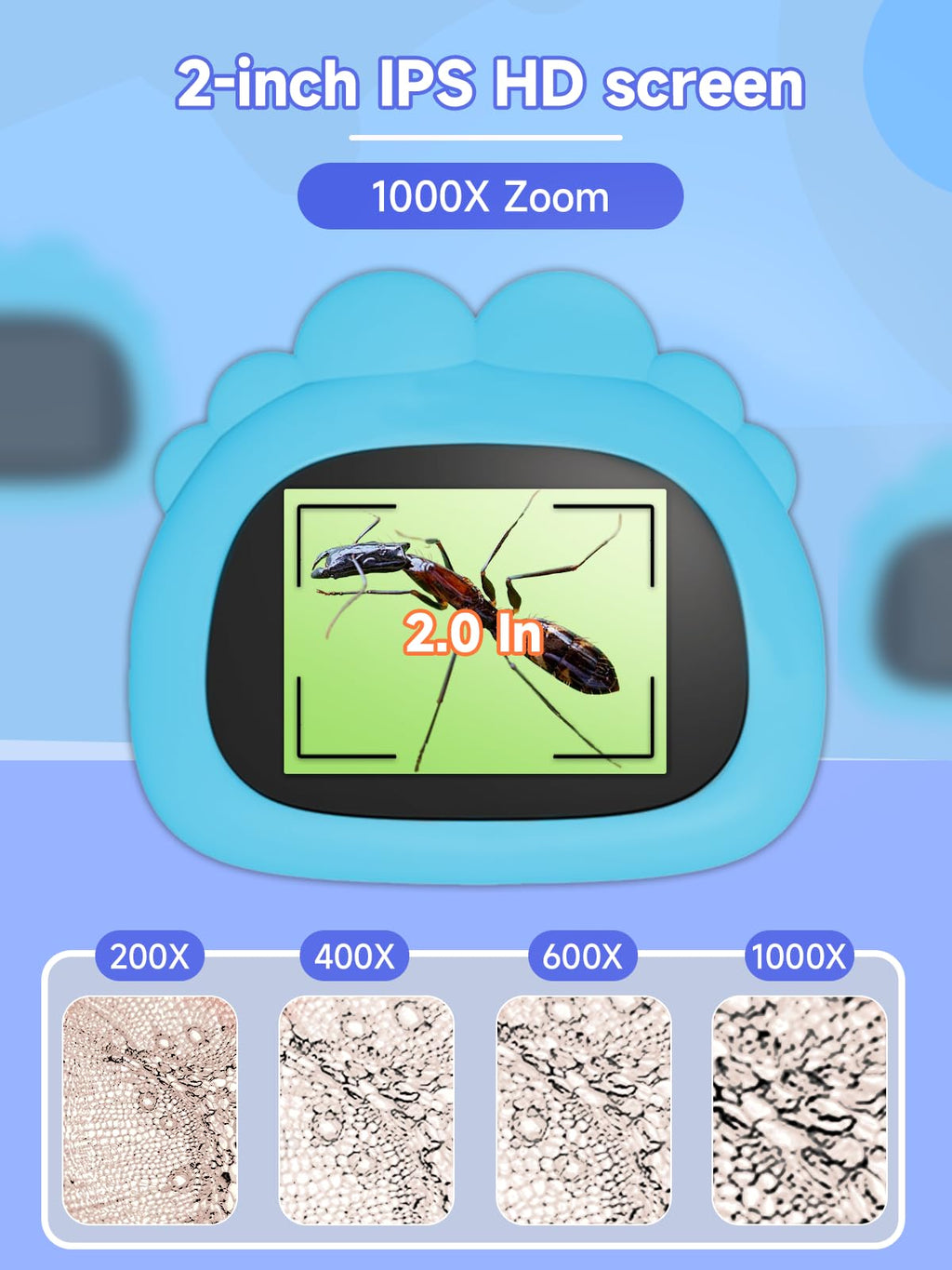 Acoath Microscope for Kids, 1000X Handheld Digital Miniscope with 2.0" Screen, Portable Pocket Microscope Education Toys Gifts for Age 3 4 5 6 7 8 9 10 Girls Boys