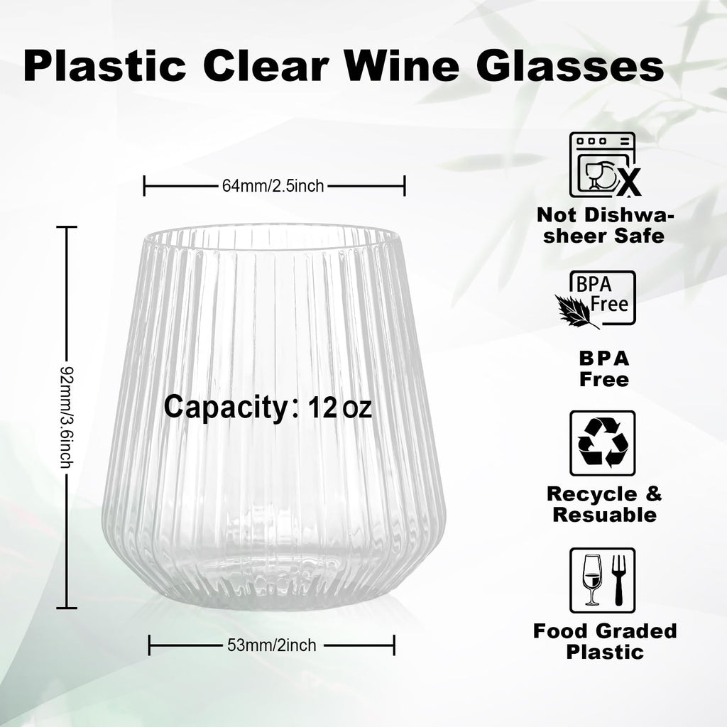 BESTSTAR 36 Pcs 12oz Plastic Clear Ribbed Wine Glasses,Origami Ripple Glass