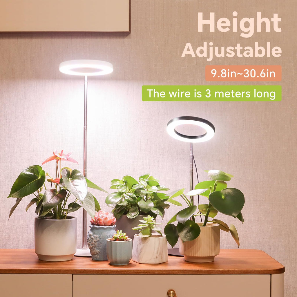 GTRUIIDY Desktop Grow Light, Full Spectrum Plant Light with Timer, Height Adjustable Halo Grow Lamp for Indoor Plants, 3 Lighting Modes for Seedlings & Succulents, White