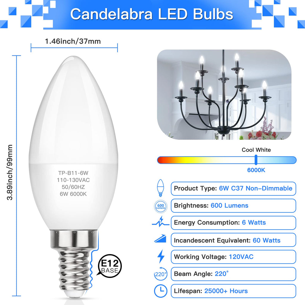 MAXvolador E12 LED Candelabra Light Bulbs 60W Equivalent, Cool White 6000K 600 Lumens Chandelier Bulb, 6W B11 Candle Base, Non-Dimmable, Pack of 6