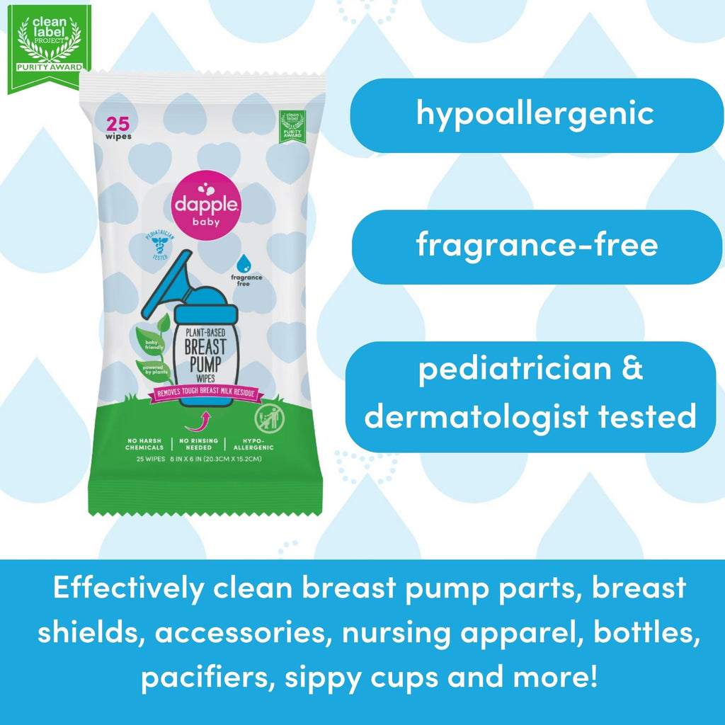 Dapple Baby Breast Pump Wipes - (3 Pack) 25 Count - Fragrance-Free, Plant-Powered & Hypoallergenic - Removes Milk Residue - Diaper Bag Essentials