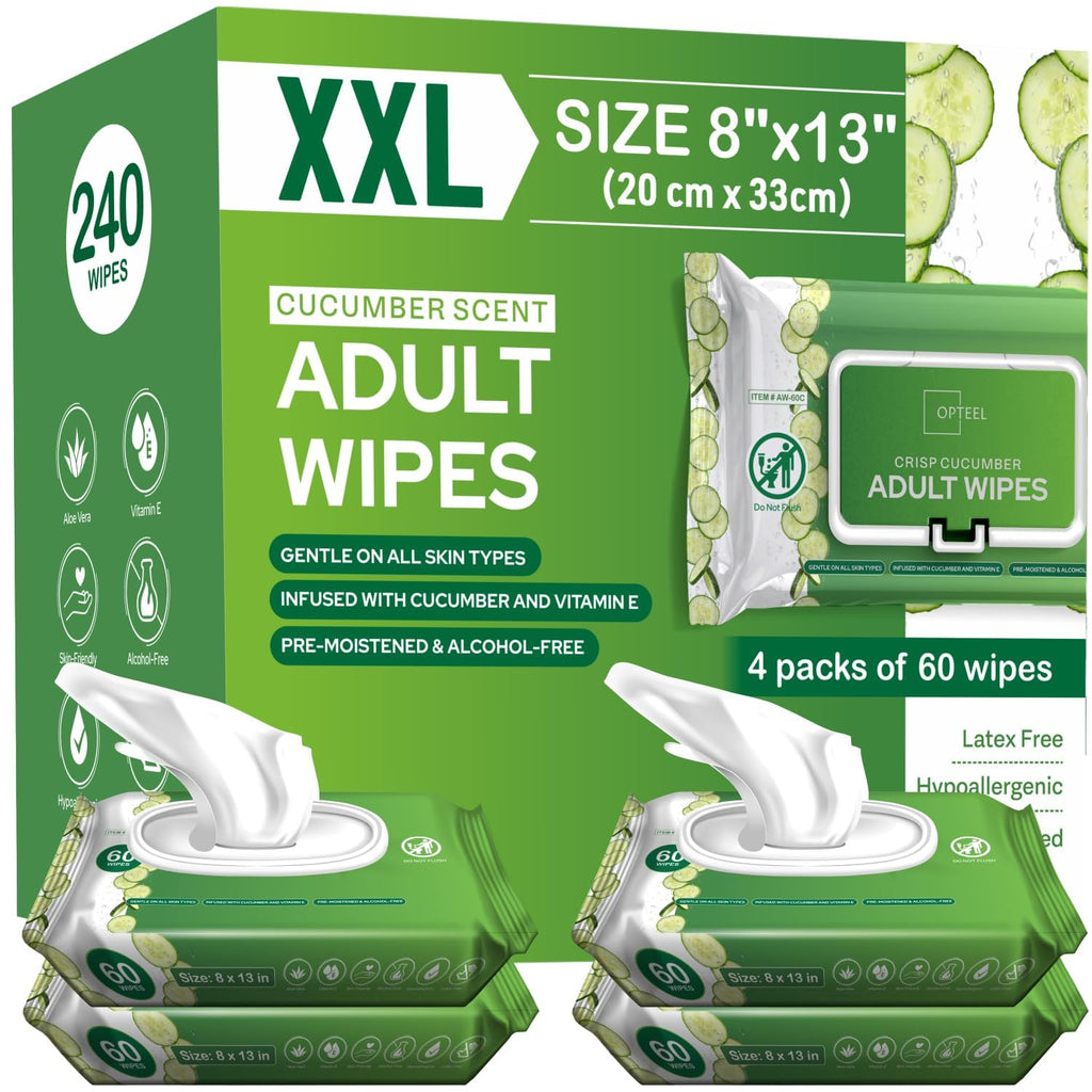 Adult Wipes Extra Large Scented - Skin-Friendly Incontinence Wet Wipes for Adults & Elderly Disposable Washcloths - 8x13" 4 Packs of 60 (240 Wipes)
