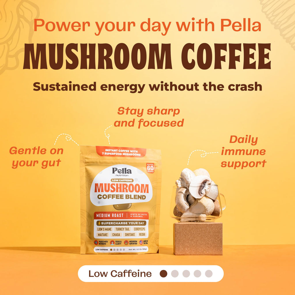Low-Caffeine Mushroom Coffee (60 Servings) – Superfood Great Tasting Instant Coffee – Includes Lion's Mane, Reishi, Chaga, Cordyceps, Shiitake, Maitake, and Turkey Tail Mushroom Supplement