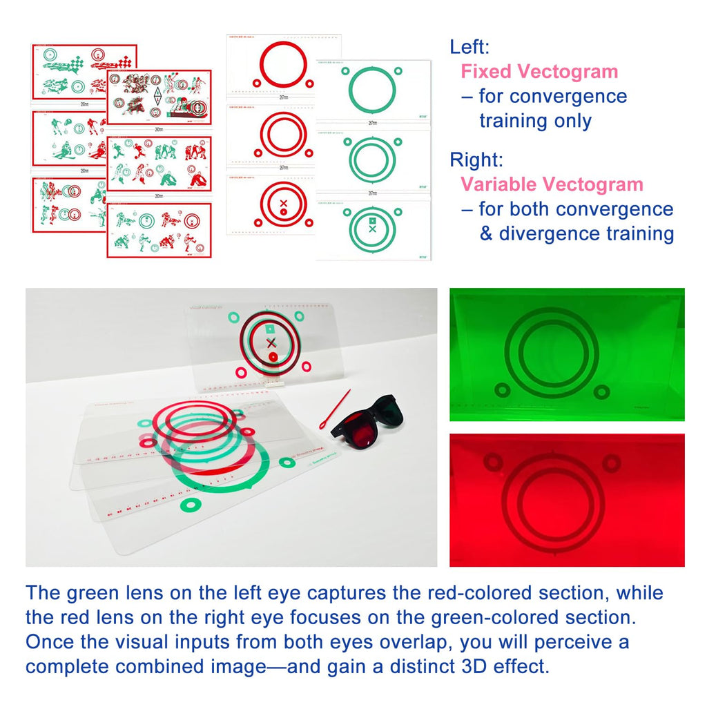 LAIDOLAILA Vision Training Convergence & Divergence Kit – 6 Red Green Variable Fusion Cards with Red Green Glasses, Pointer and Stand – Binocular Exercise & Stereopsis Practice for Home Use
